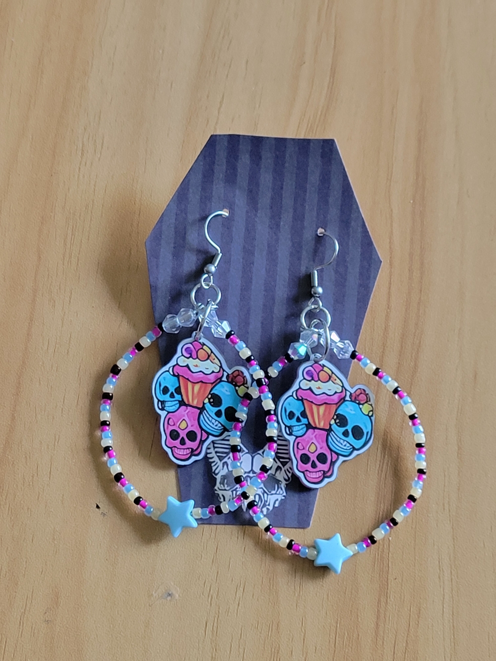 🧋NEW🧋Hand Crafted Blue & Pink Skull Cupcake Hoop Earrings
